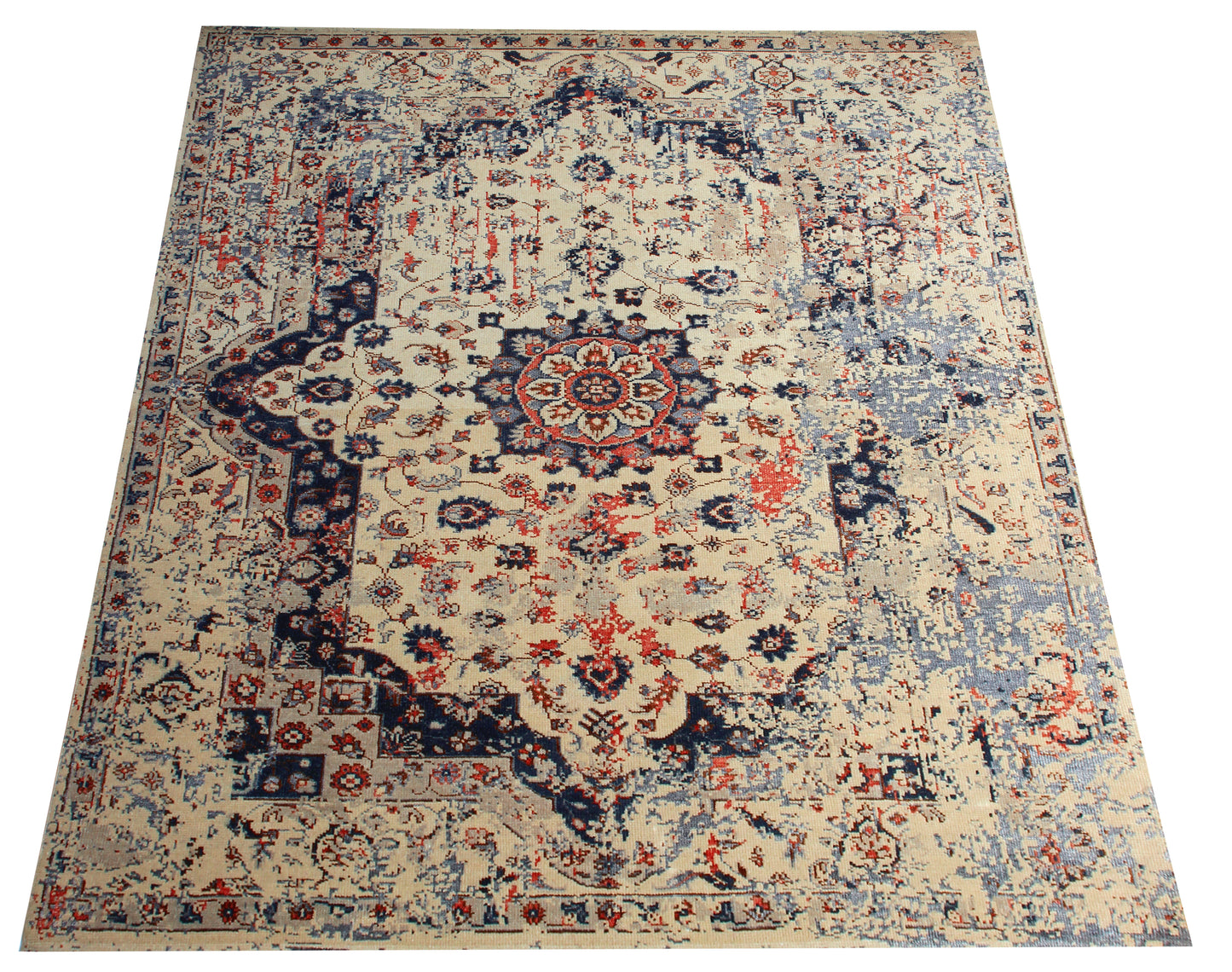 Beige Navy Red 7.6x10 Vintage Antique Persian Area Rug - Hand Knotted Wool Viscose Floral Medallion