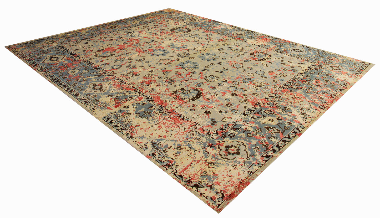Floral Distressed 7.6x10 Wool Viscose Persian Area Rug - Beige Light Blue Red Hand Knotted Vintage