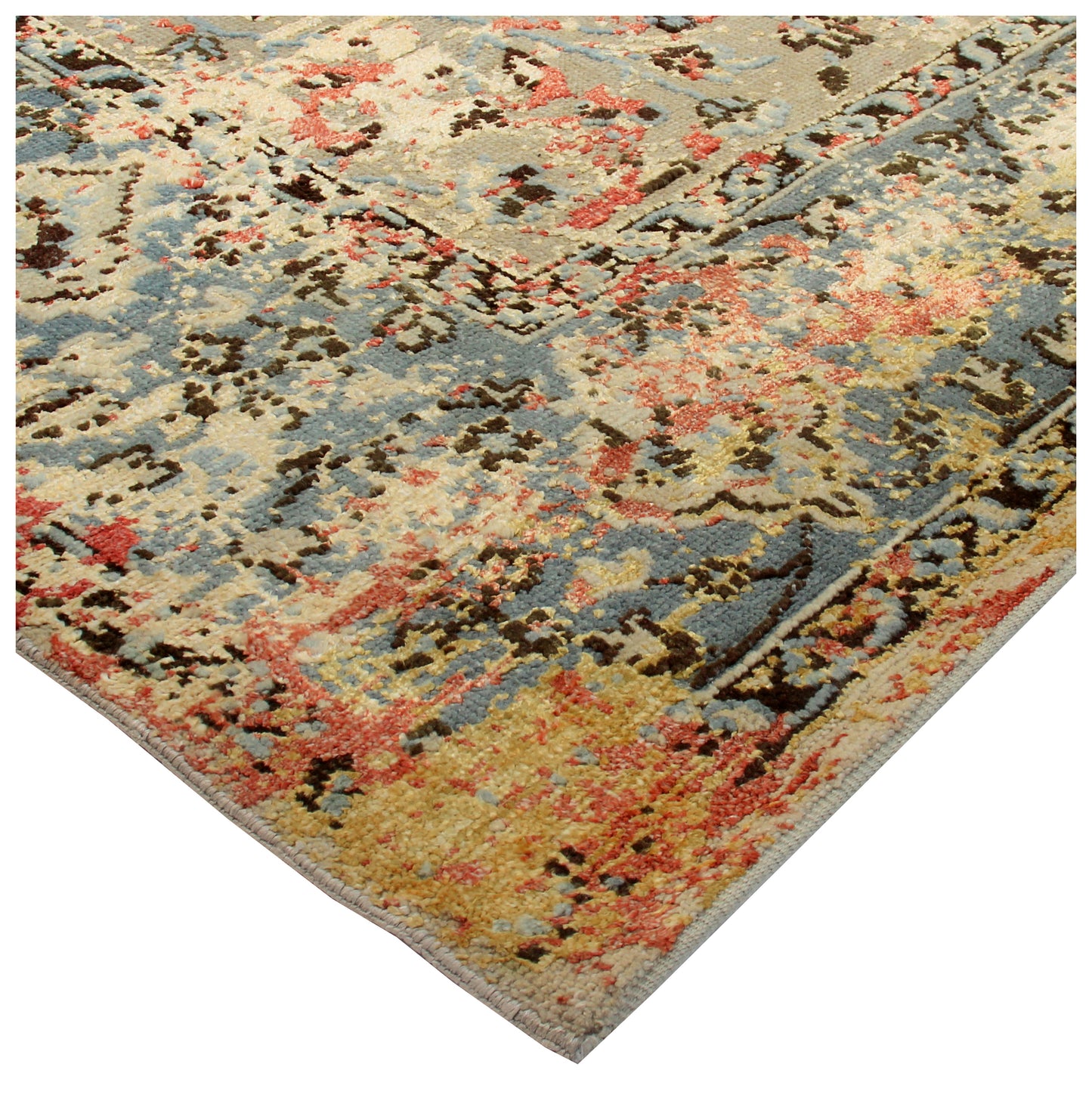 Floral Distressed 7.6x10 Wool Viscose Persian Area Rug - Beige Light Blue Red Hand Knotted Vintage