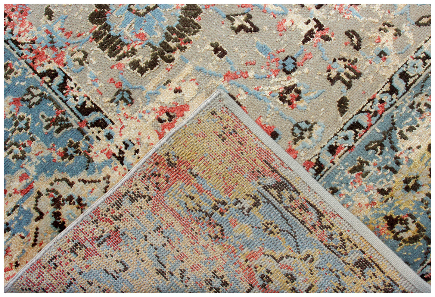 Floral Distressed 7.6x10 Wool Viscose Persian Area Rug - Beige Light Blue Red Hand Knotted Vintage