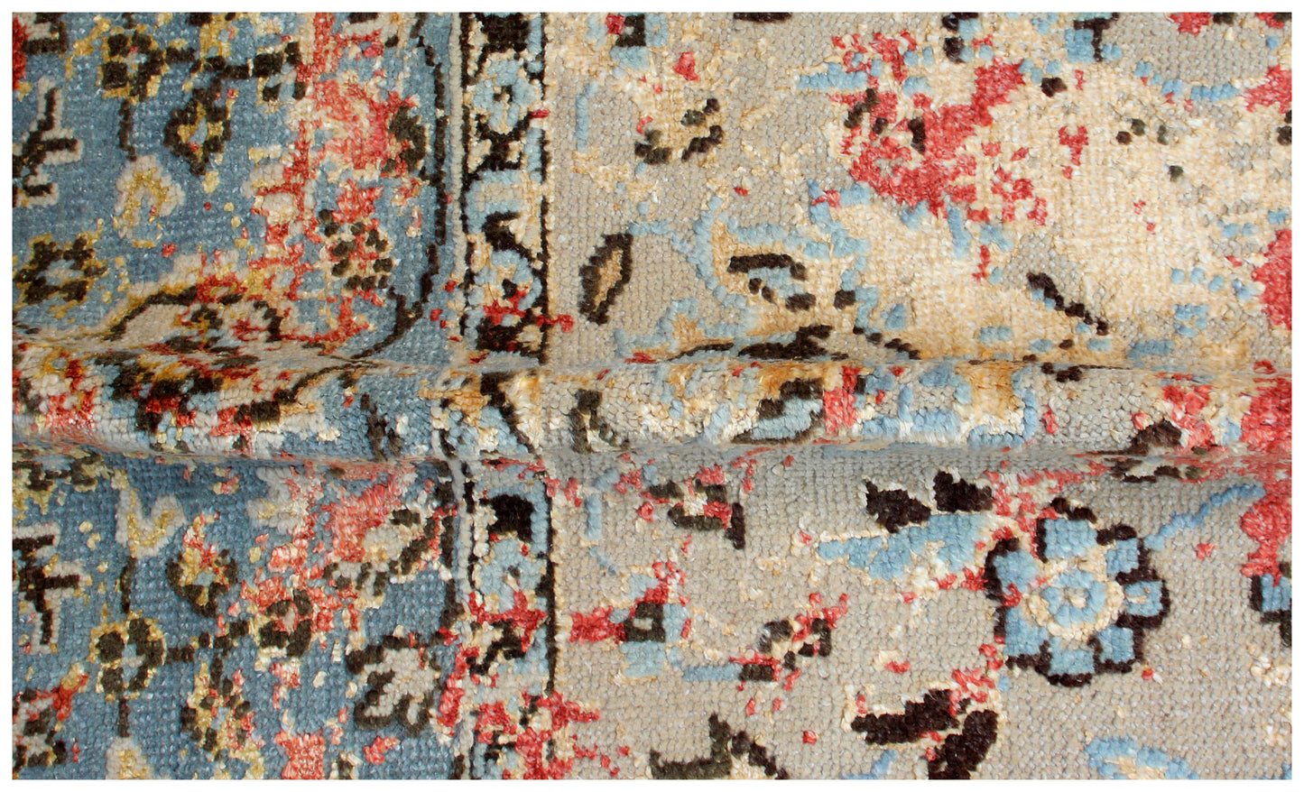 Floral Distressed 7.6x10 Wool Viscose Persian Area Rug - Beige Light Blue Red Hand Knotted Vintage