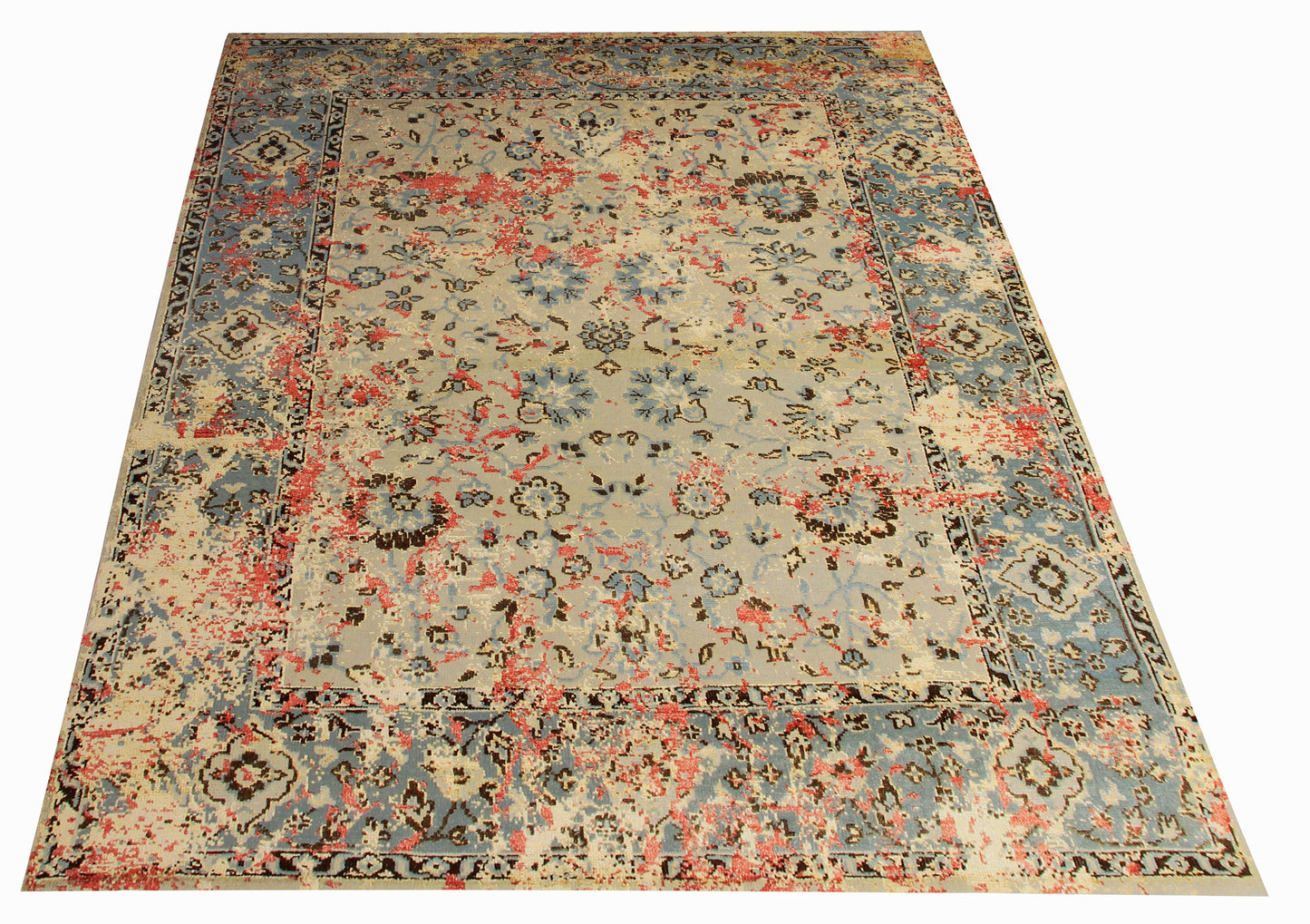Floral Distressed 7.6x10 Wool Viscose Persian Area Rug - Beige Light Blue Red Hand Knotted Vintage