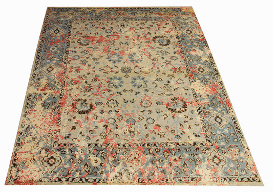 Floral Distressed 7.6x10 Wool Viscose Persian Area Rug - Beige Light Blue Red Hand Knotted Vintage