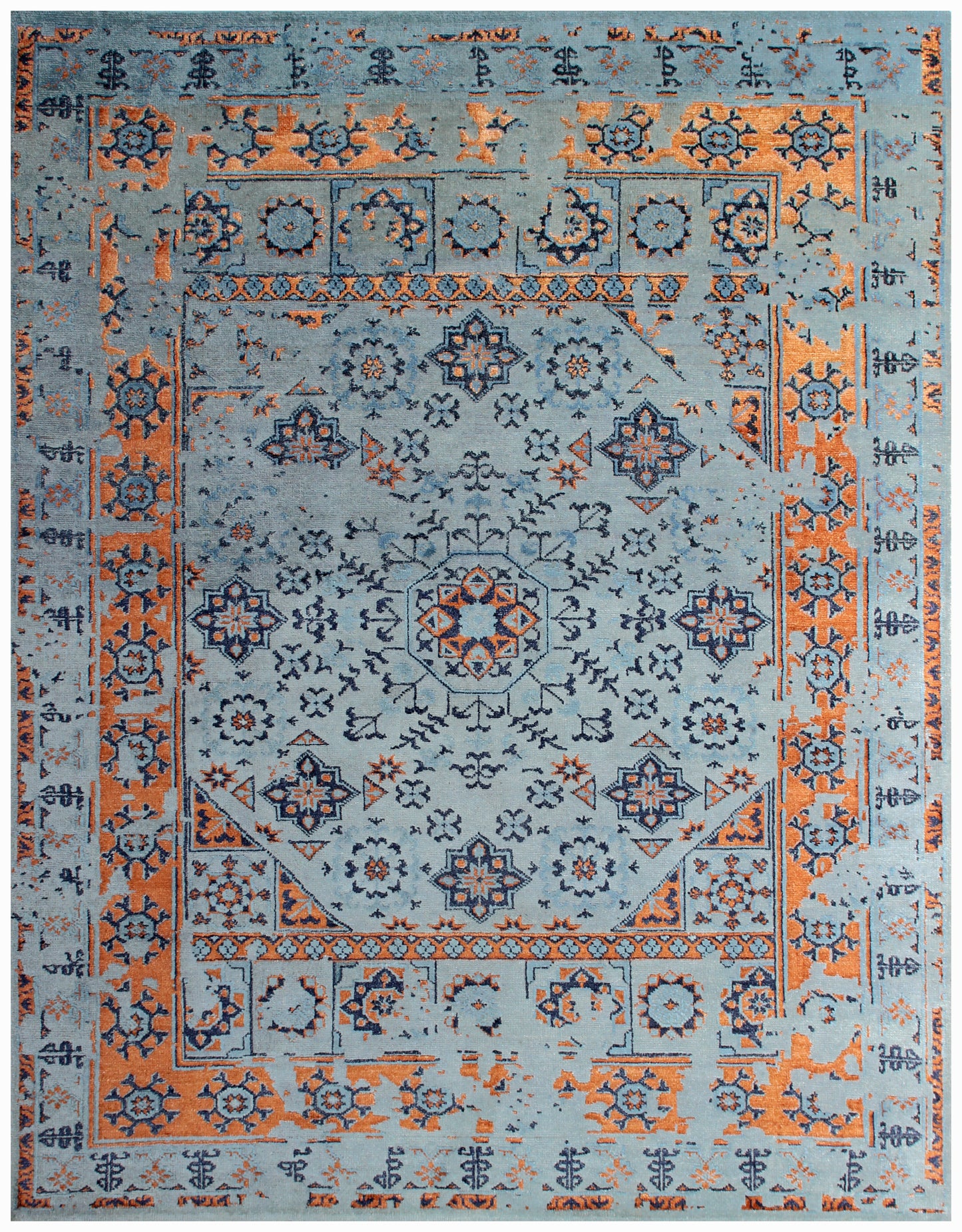 Light Blue Orange Navy 7.6x10 Hand Knotted Persian Wool Viscose Area Rug - Vintage Antique Geometric Medallion
