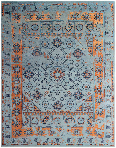 Light Blue Orange Navy 7.6x10 Hand Knotted Persian Wool Viscose Area Rug - Vintage Antique Geometric Medallion