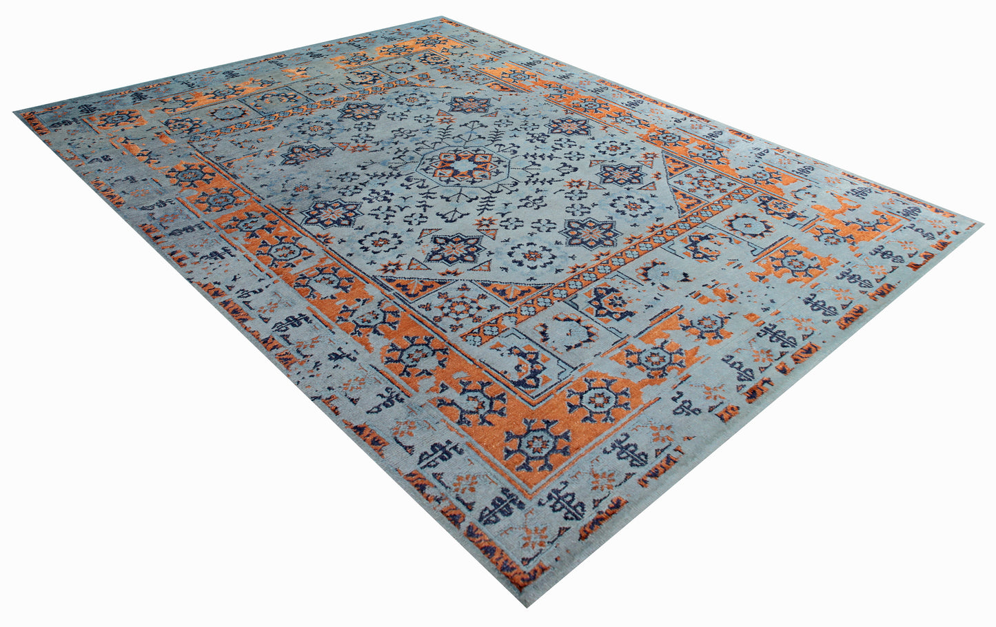 Light Blue Orange Navy 7.6x10 Hand Knotted Persian Wool Viscose Area Rug - Vintage Antique Geometric Medallion