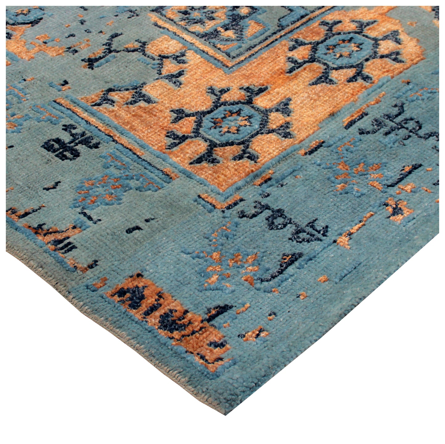 Light Blue Orange Navy 7.6x10 Hand Knotted Persian Wool Viscose Area Rug - Vintage Antique Geometric Medallion