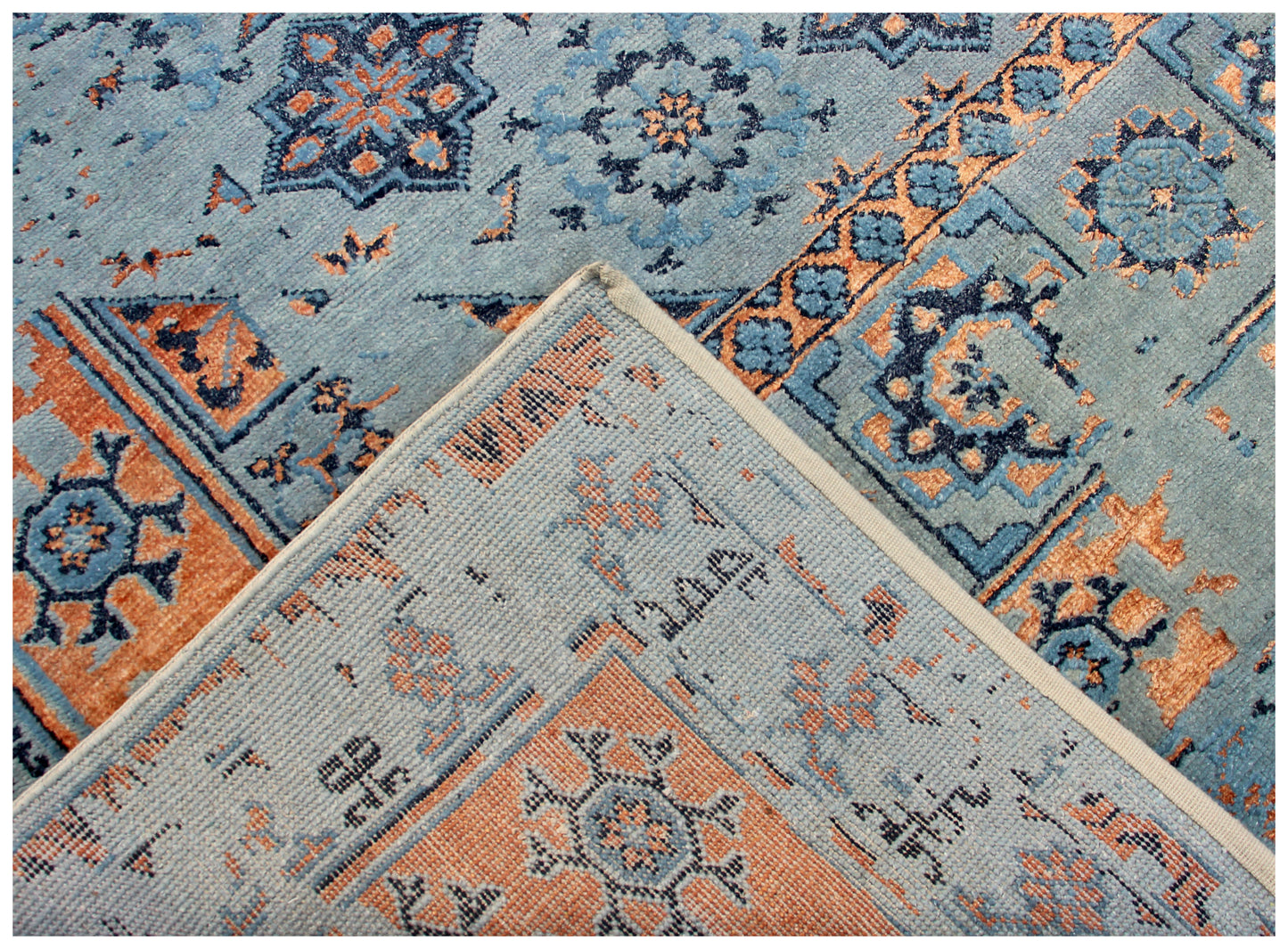 Light Blue Orange Navy 7.6x10 Hand Knotted Persian Wool Viscose Area Rug - Vintage Antique Geometric Medallion