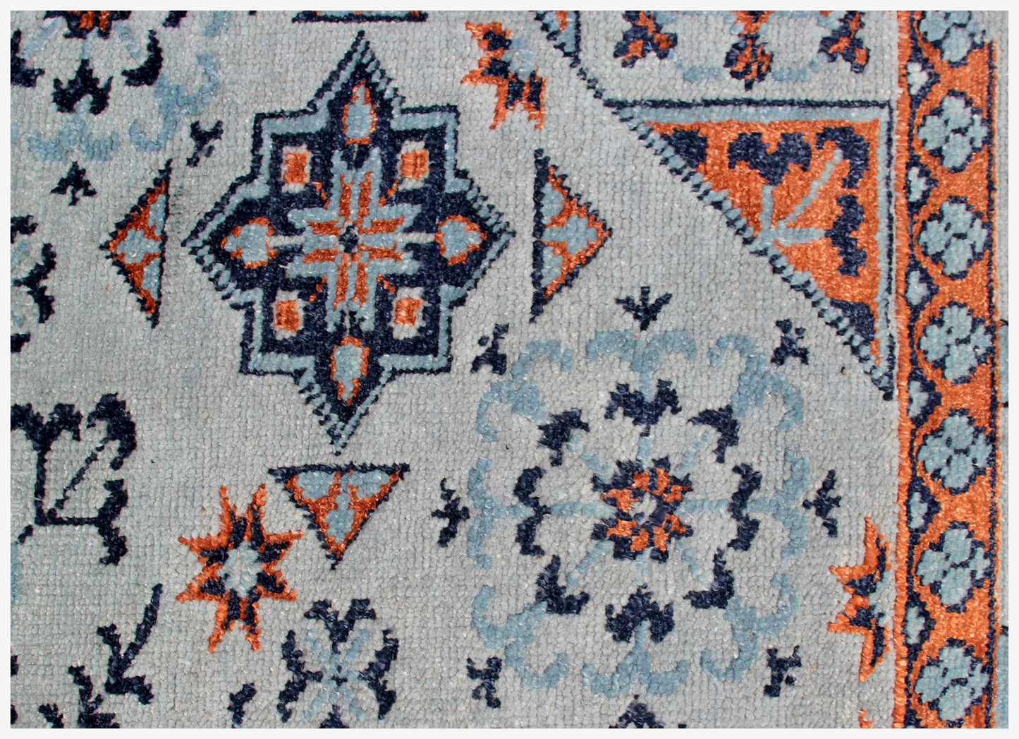 Light Blue Orange Navy 7.6x10 Hand Knotted Persian Wool Viscose Area Rug - Vintage Antique Geometric Medallion