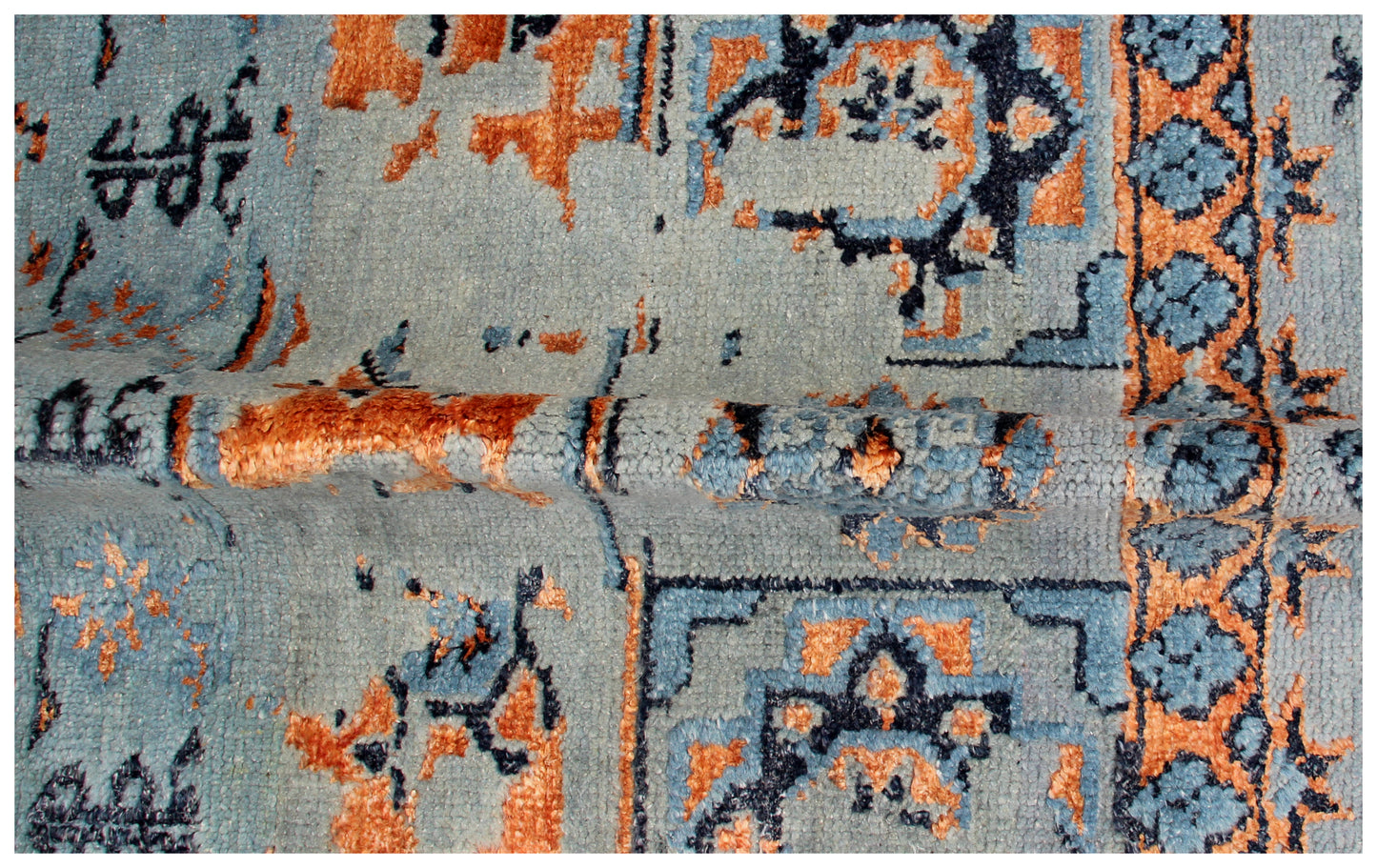 Light Blue Orange Navy 7.6x10 Hand Knotted Persian Wool Viscose Area Rug - Vintage Antique Geometric Medallion