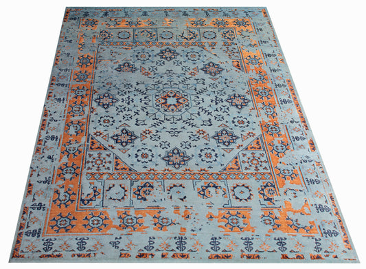 Light Blue Orange Navy 7.6x10 Hand Knotted Persian Wool Viscose Area Rug - Vintage Antique Geometric Medallion