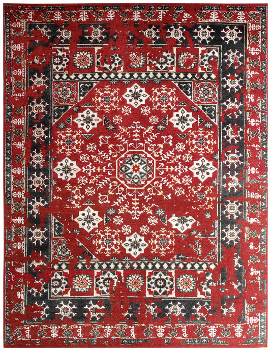 Persian Vintage Antique 8x10 Wool Viscose Area Rug - Red Black Cream Hand Knotted Geometric Medallion