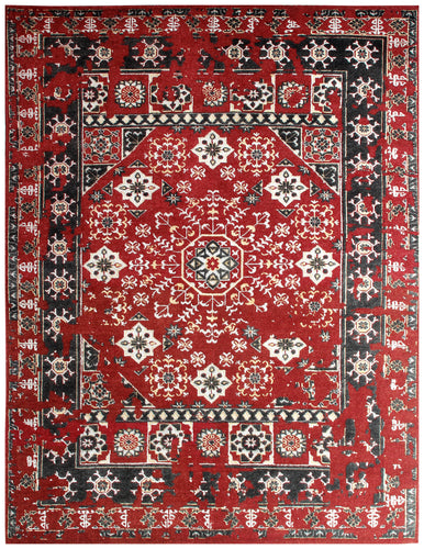 Persian Vintage Antique 8x10 Wool Viscose Area Rug - Red Black Cream Hand Knotted Geometric Medallion