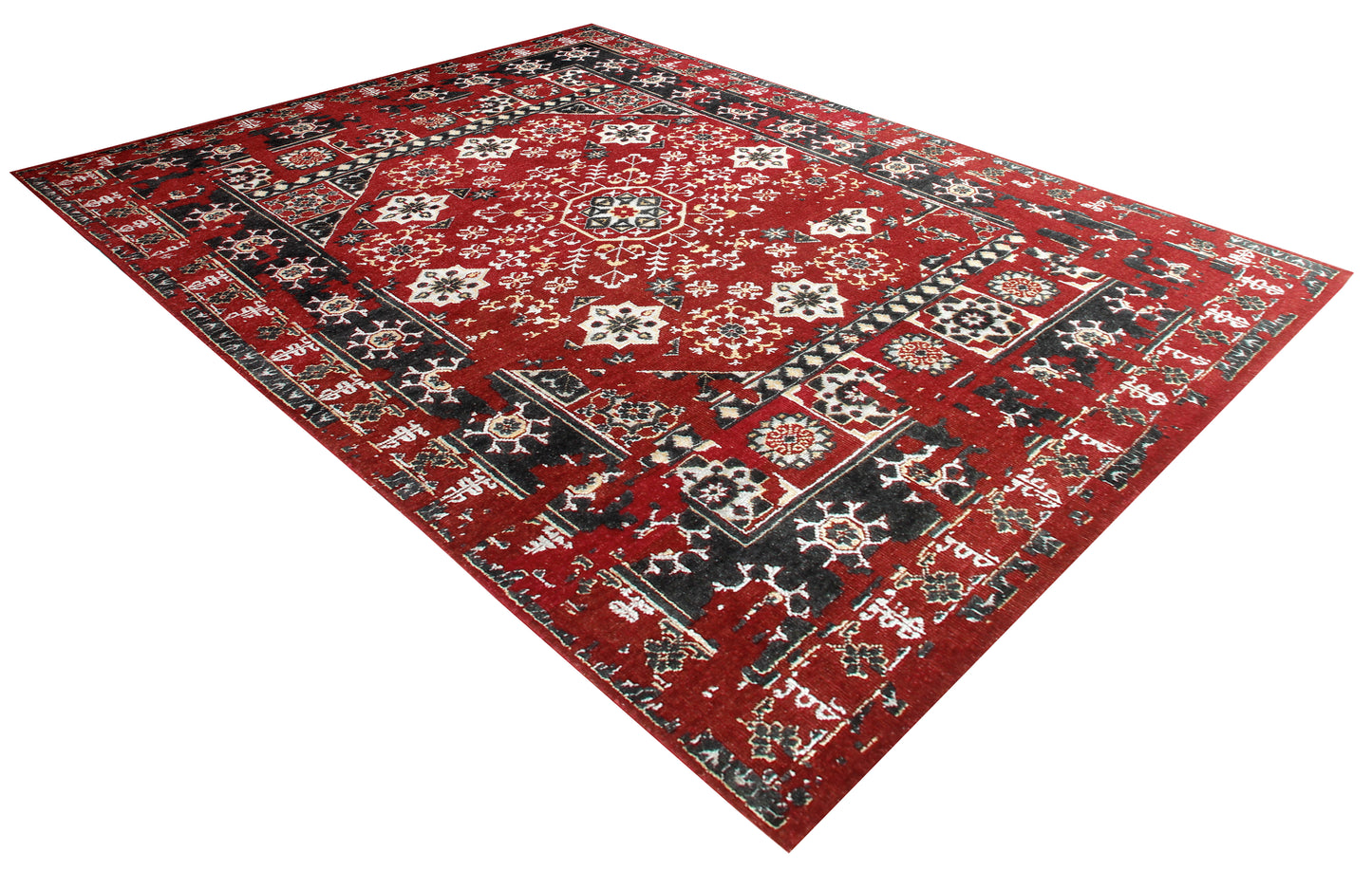 Persian Vintage Antique 8x10 Wool Viscose Area Rug - Red Black Cream Hand Knotted Geometric Medallion