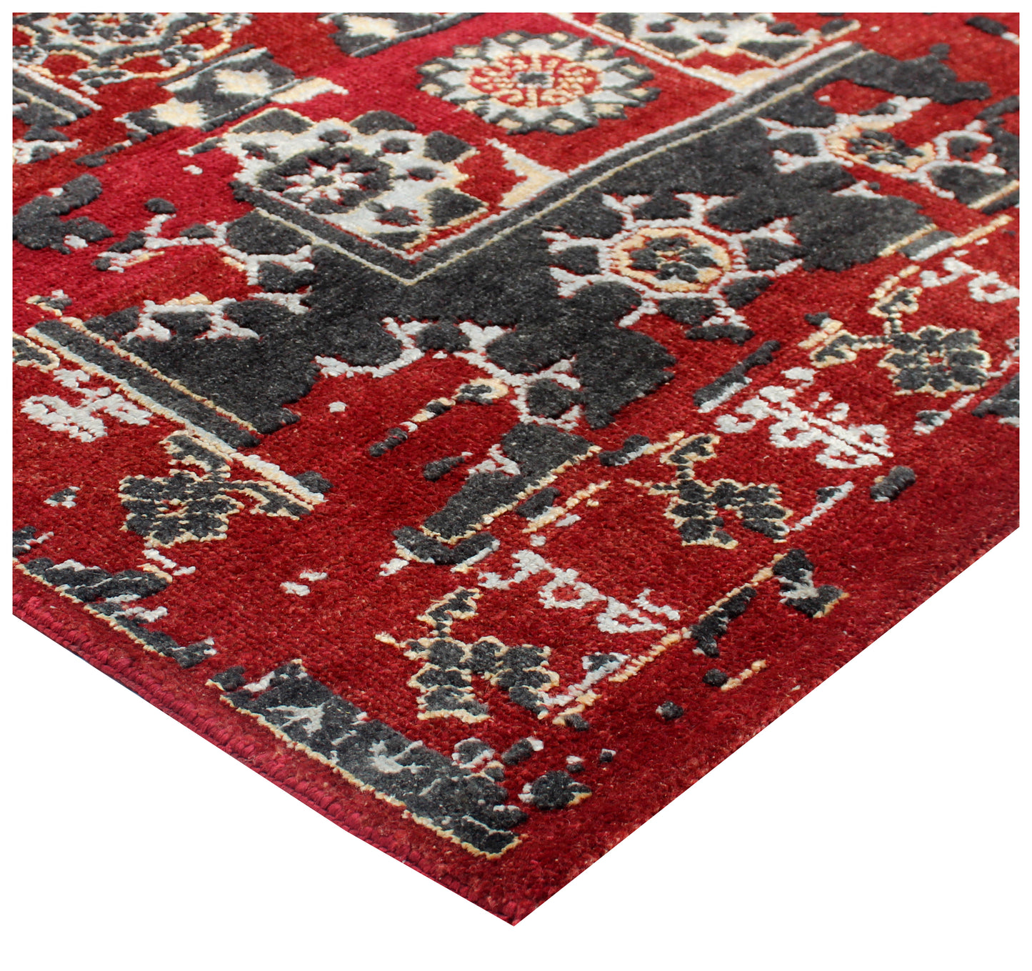 Persian Vintage Antique 8x10 Wool Viscose Area Rug - Red Black Cream Hand Knotted Geometric Medallion