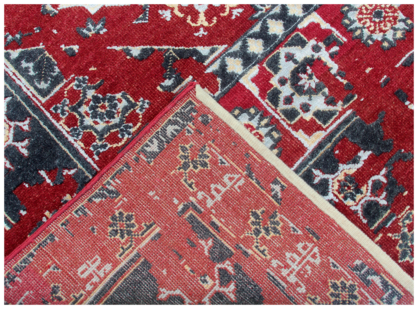 Persian Vintage Antique 8x10 Wool Viscose Area Rug - Red Black Cream Hand Knotted Geometric Medallion