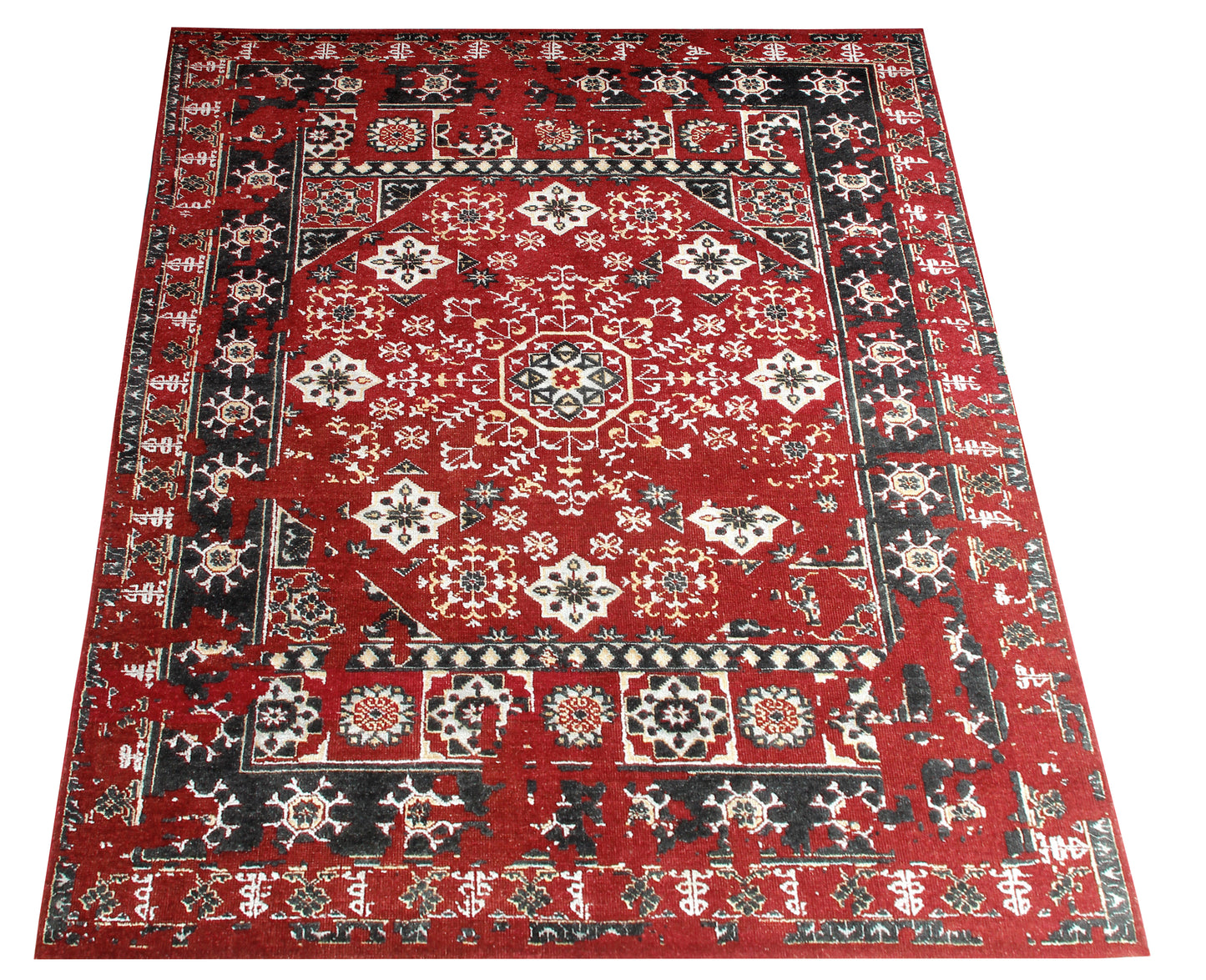 Persian Vintage Antique 8x10 Wool Viscose Area Rug - Red Black Cream Hand Knotted Geometric Medallion