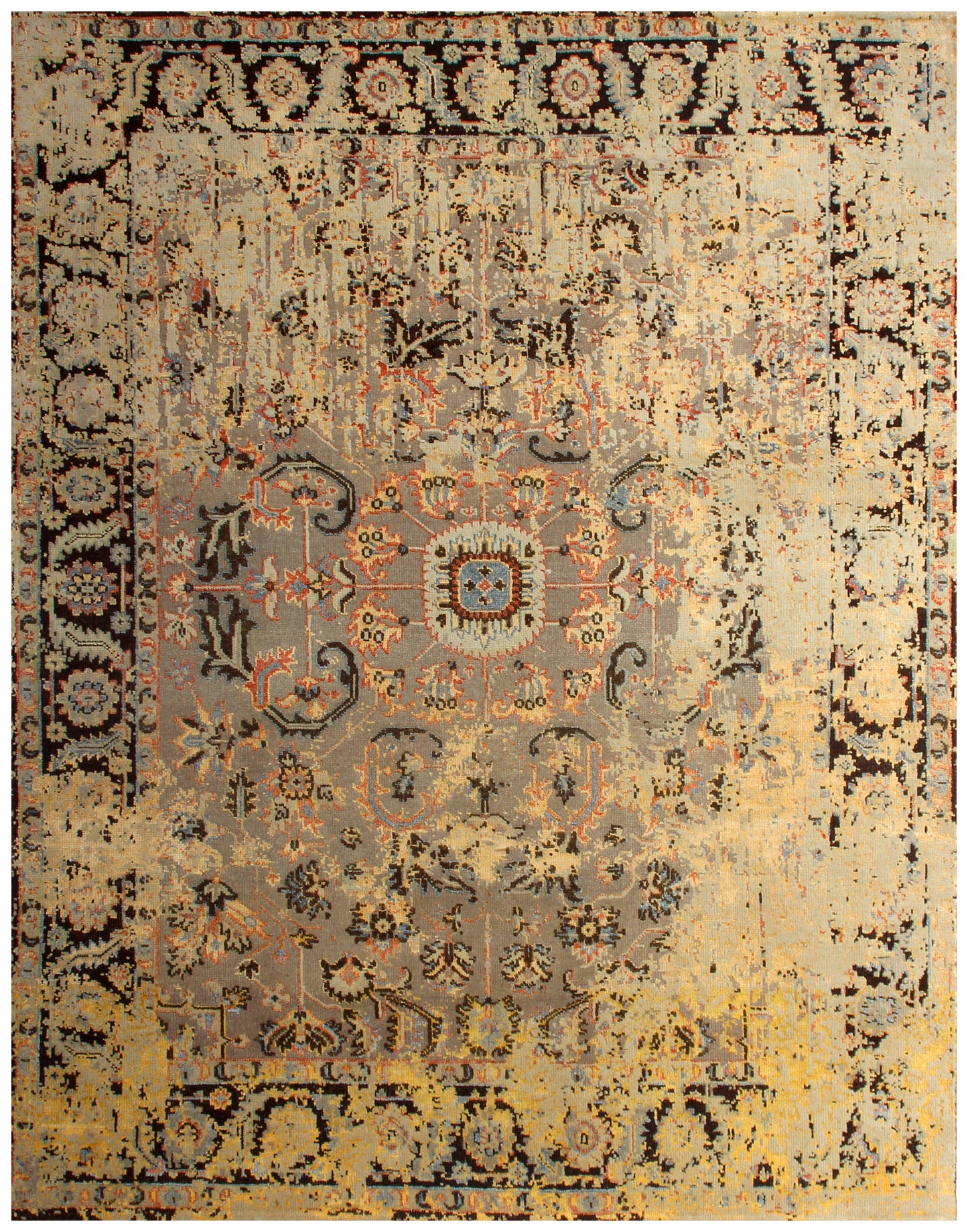 7.6x9.6 Camel Brown Grey Vintage Antique Persian Wool Viscose Area Rug - Hand Knotted Floral Medallion Distressed