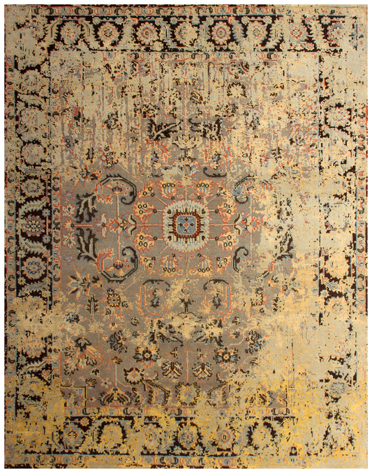7.6x9.6 Camel Brown Grey Vintage Antique Persian Wool Viscose Area Rug - Hand Knotted Floral Medallion Distressed