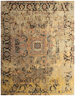 7.6x9.6 Camel Brown Grey Vintage Antique Persian Wool Viscose Area Rug - Hand Knotted Floral Medallion Distressed