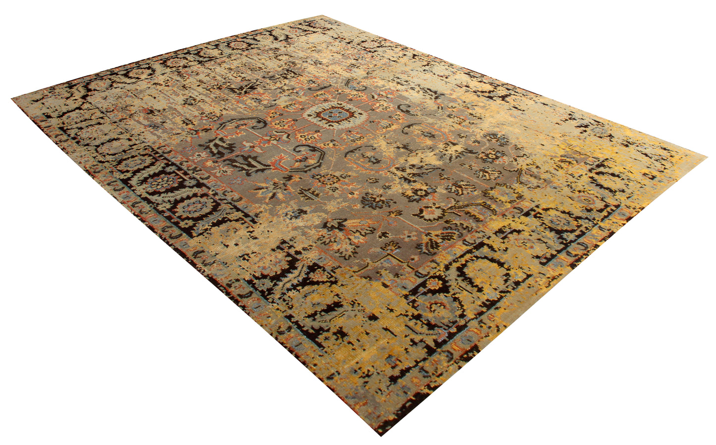 7.6x9.6 Camel Brown Grey Vintage Antique Persian Wool Viscose Area Rug - Hand Knotted Floral Medallion Distressed