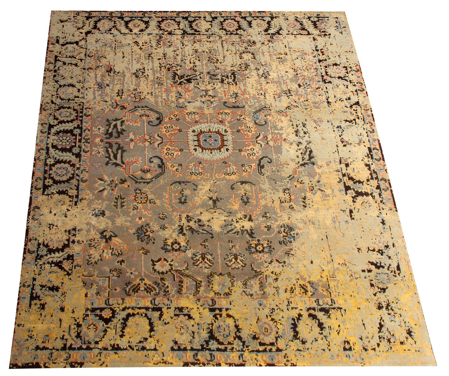 7.6x9.6 Camel Brown Grey Vintage Antique Persian Wool Viscose Area Rug - Hand Knotted Floral Medallion Distressed