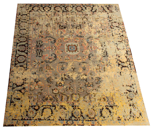 7.6x9.6 Camel Brown Grey Vintage Antique Persian Wool Viscose Area Rug - Hand Knotted Floral Medallion Distressed