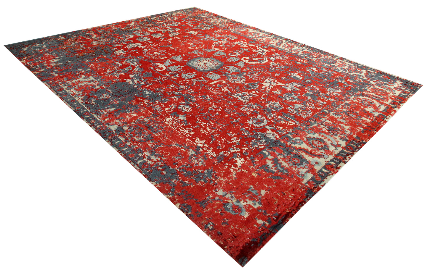 Hand Knotted Wool Viscose 8x10 Persian Area Rug - Vintage Antique Red Grey Cream Floral Distressed