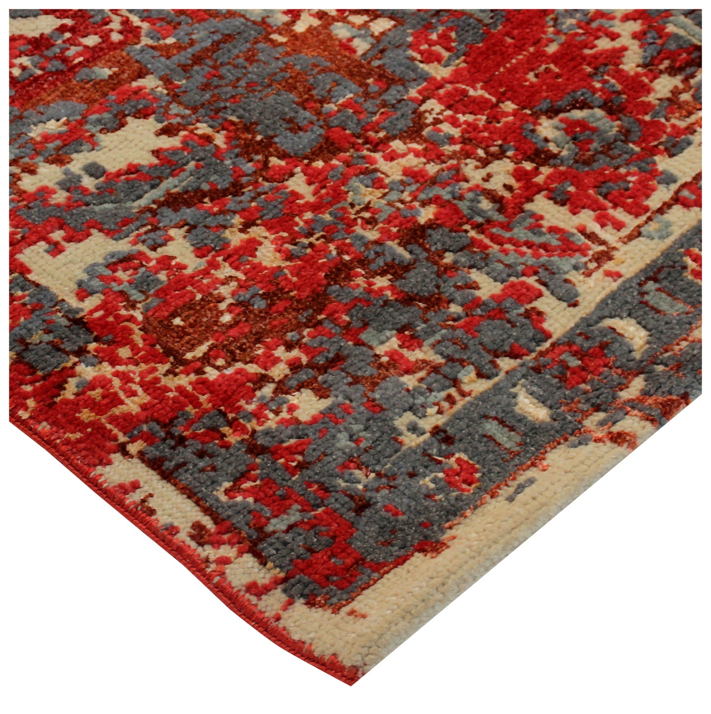 Hand Knotted Wool Viscose 8x10 Persian Area Rug - Vintage Antique Red Grey Cream Floral Distressed