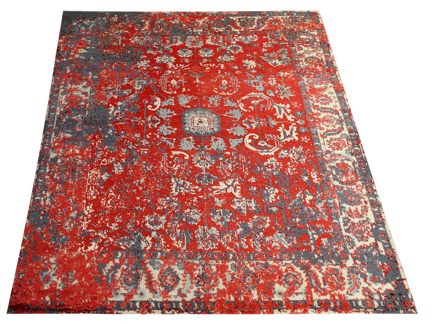 Hand Knotted Wool Viscose 8x10 Persian Area Rug - Vintage Antique Red Grey Cream Floral Distressed