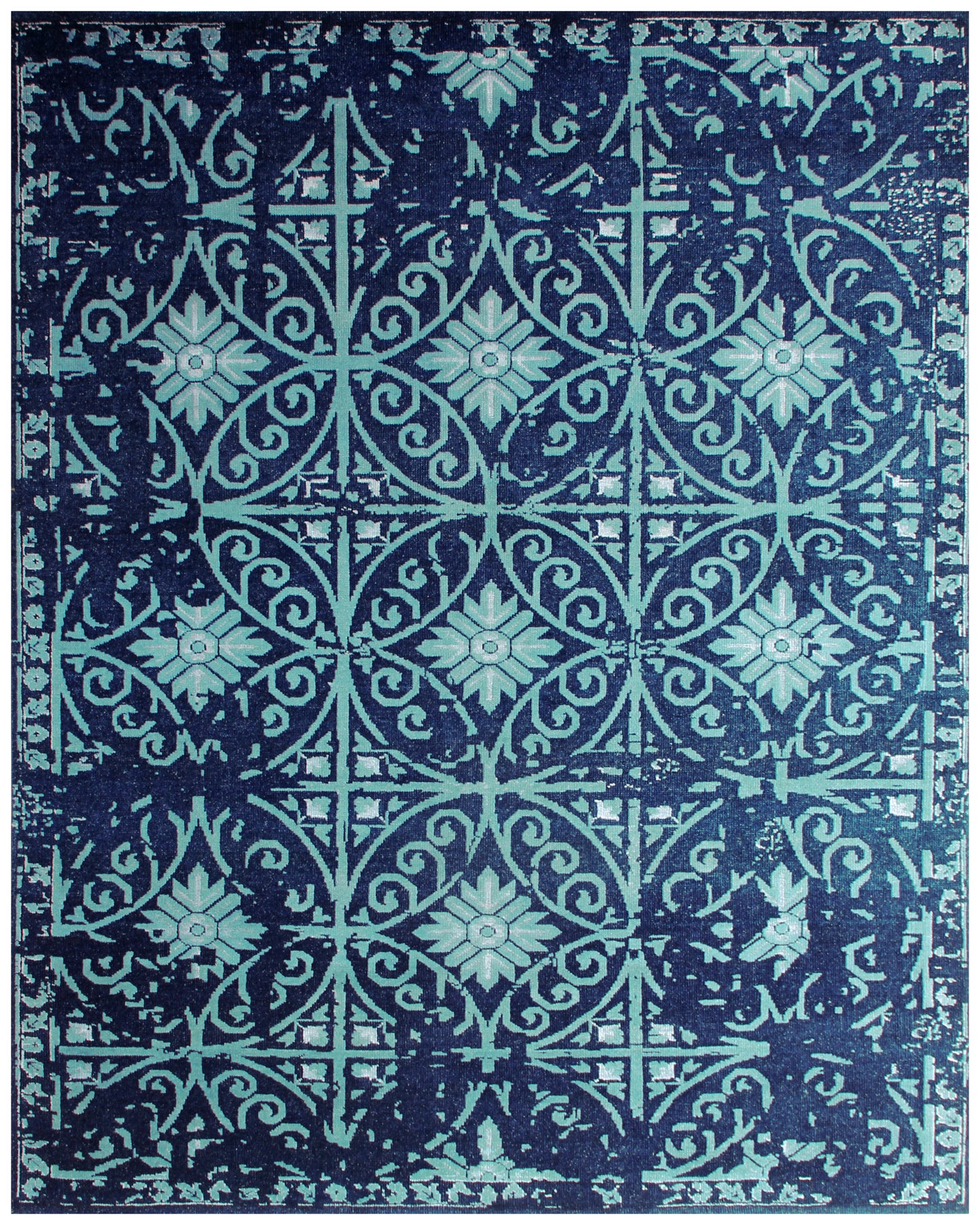 Vintage Antique 8x9.5 Navy Blue Turquoise Wool Viscose Persian Area Rug - Hand Knotted Geometric Tile Distressed