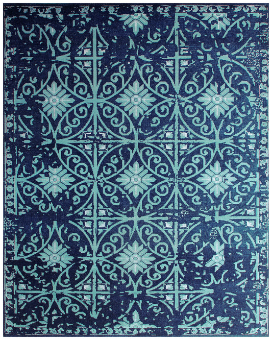 Vintage Antique 8x9.5 Navy Blue Turquoise Wool Viscose Persian Area Rug - Hand Knotted Geometric Tile Distressed