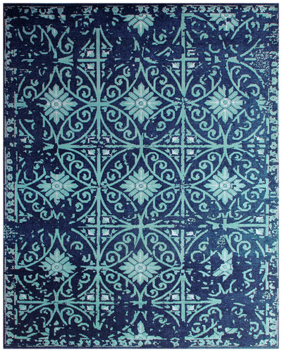 Vintage Antique 8x9.5 Navy Blue Turquoise Wool Viscose Persian Area Rug - Hand Knotted Geometric Tile Distressed