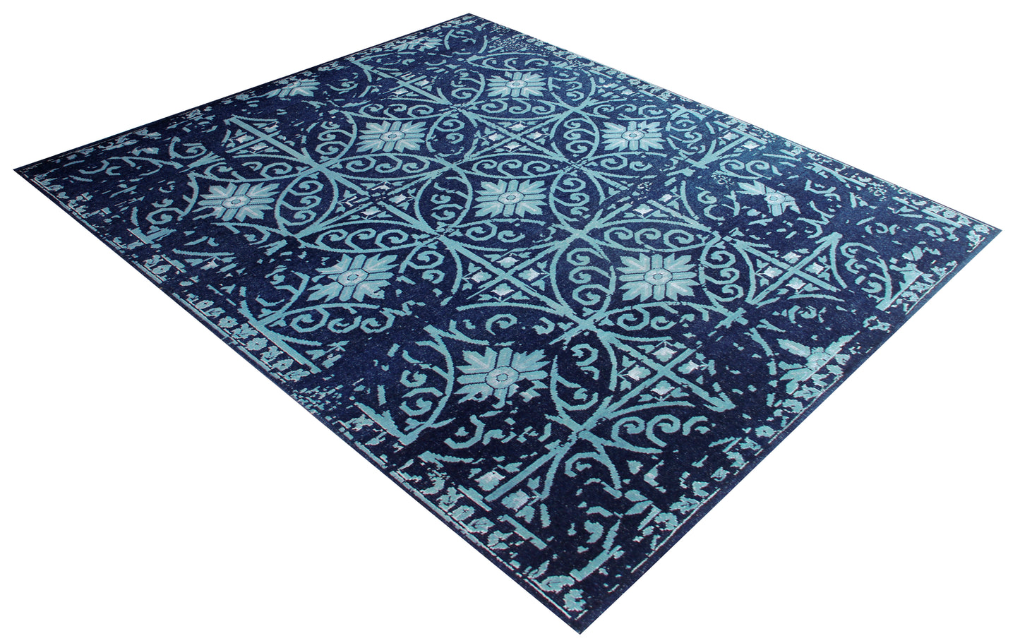 Vintage Antique 8x9.5 Navy Blue Turquoise Wool Viscose Persian Area Rug - Hand Knotted Geometric Tile Distressed