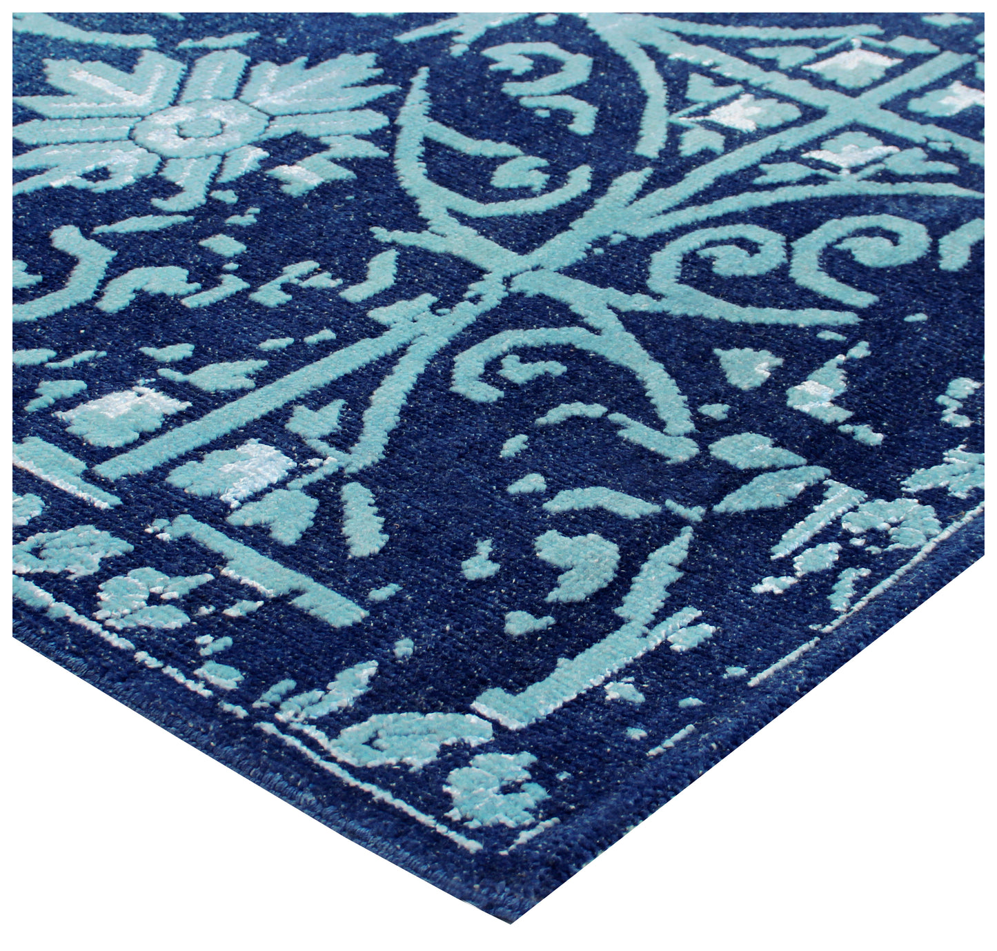 Vintage Antique 8x9.5 Navy Blue Turquoise Wool Viscose Persian Area Rug - Hand Knotted Geometric Tile Distressed