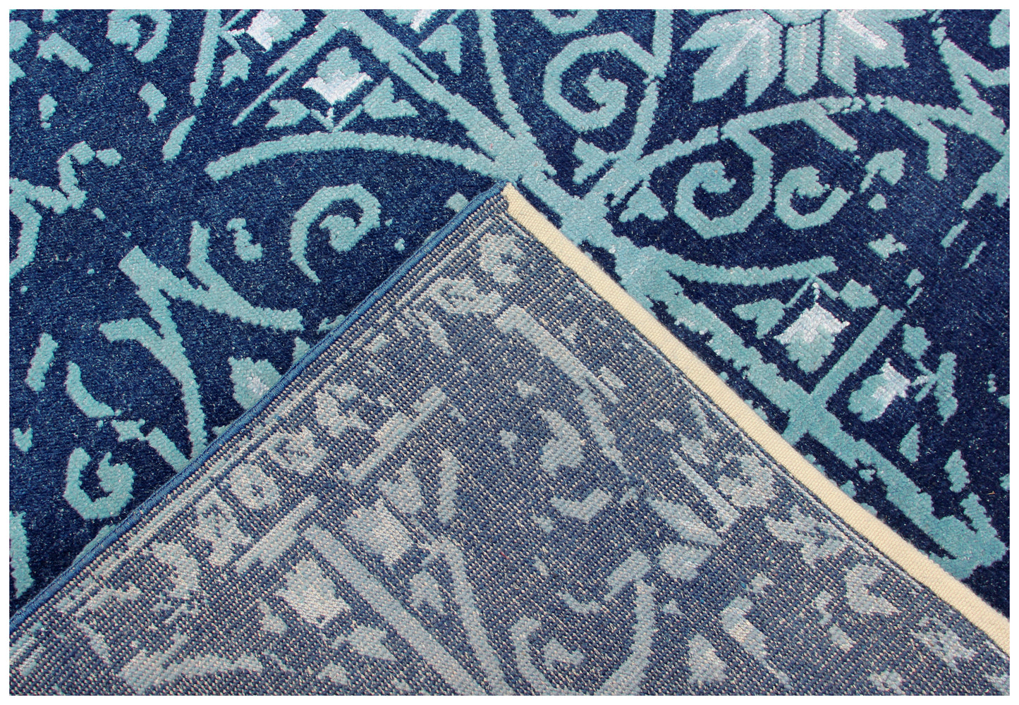 Vintage Antique 8x9.5 Navy Blue Turquoise Wool Viscose Persian Area Rug - Hand Knotted Geometric Tile Distressed