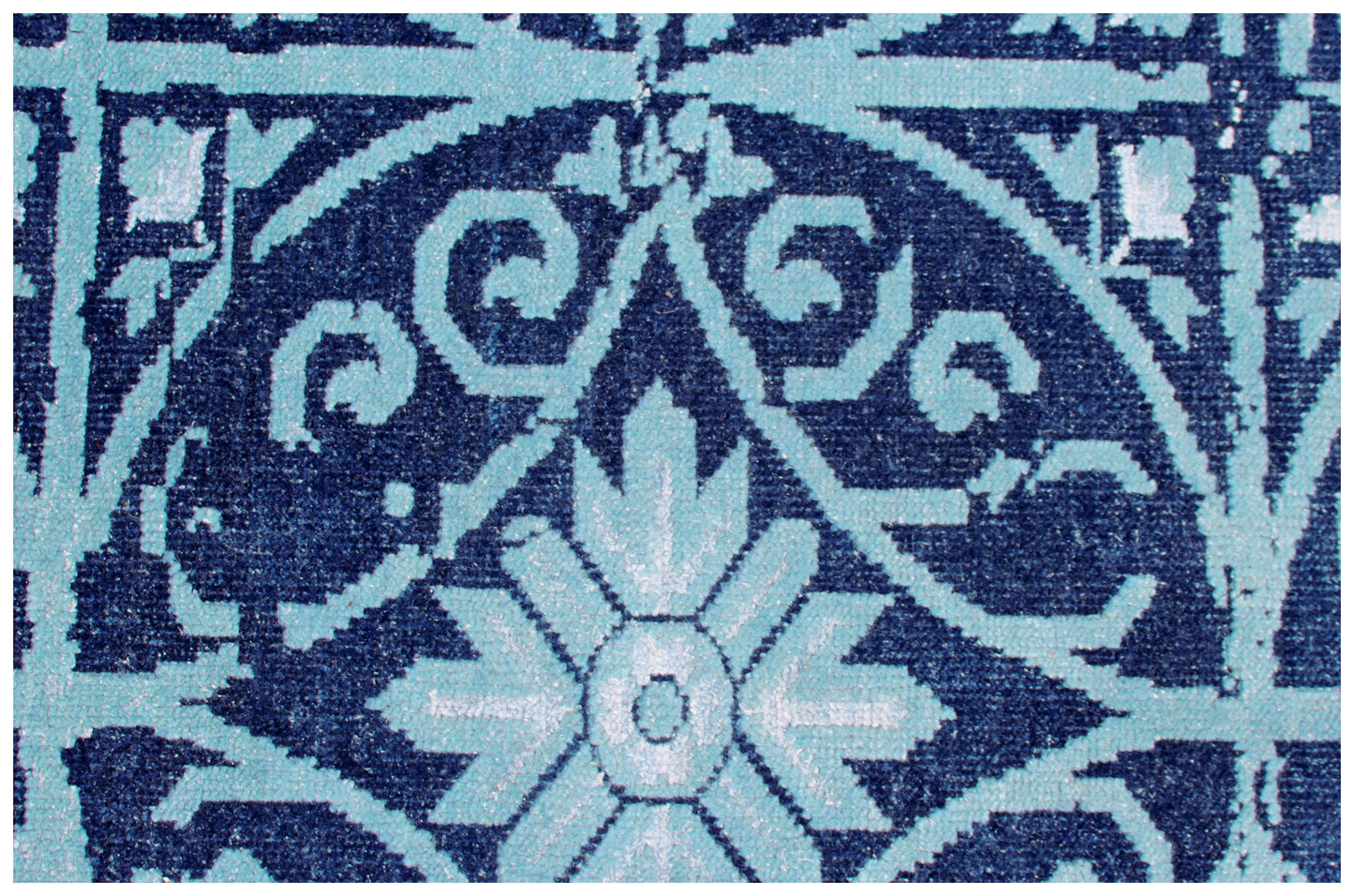 Vintage Antique 8x9.5 Navy Blue Turquoise Wool Viscose Persian Area Rug - Hand Knotted Geometric Tile Distressed