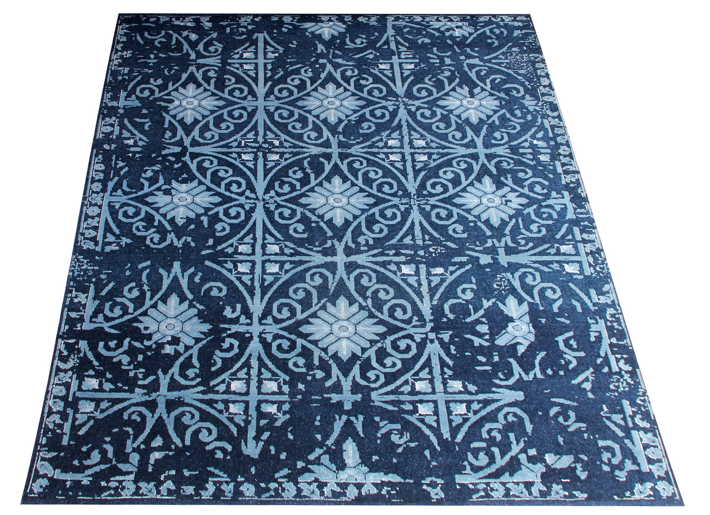 Vintage Antique 8x9.5 Navy Blue Turquoise Wool Viscose Persian Area Rug - Hand Knotted Geometric Tile Distressed