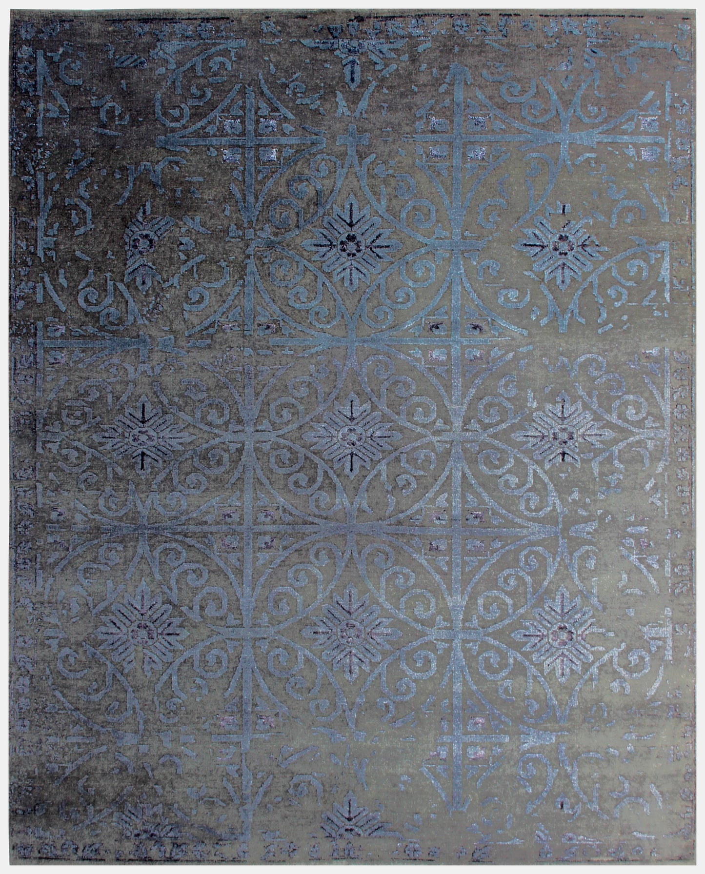 Geometric Tile Distressed 8x9.6 Wool Viscose Area Rug - Grey Blue Silver Vintage Antique Hand Knotted