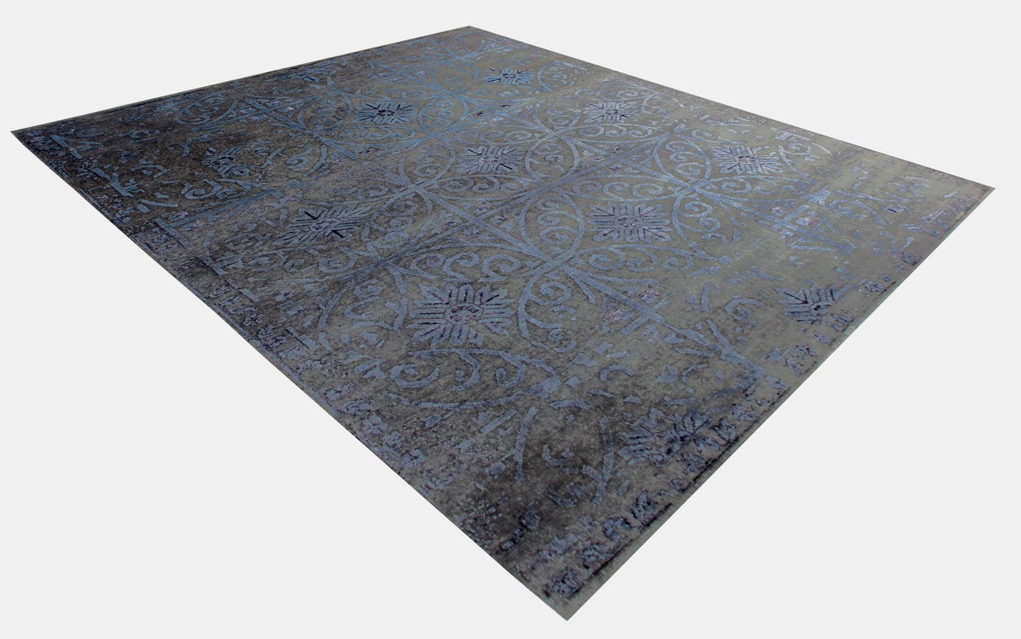 Geometric Tile Distressed 8x9.6 Wool Viscose Area Rug - Grey Blue Silver Vintage Antique Hand Knotted