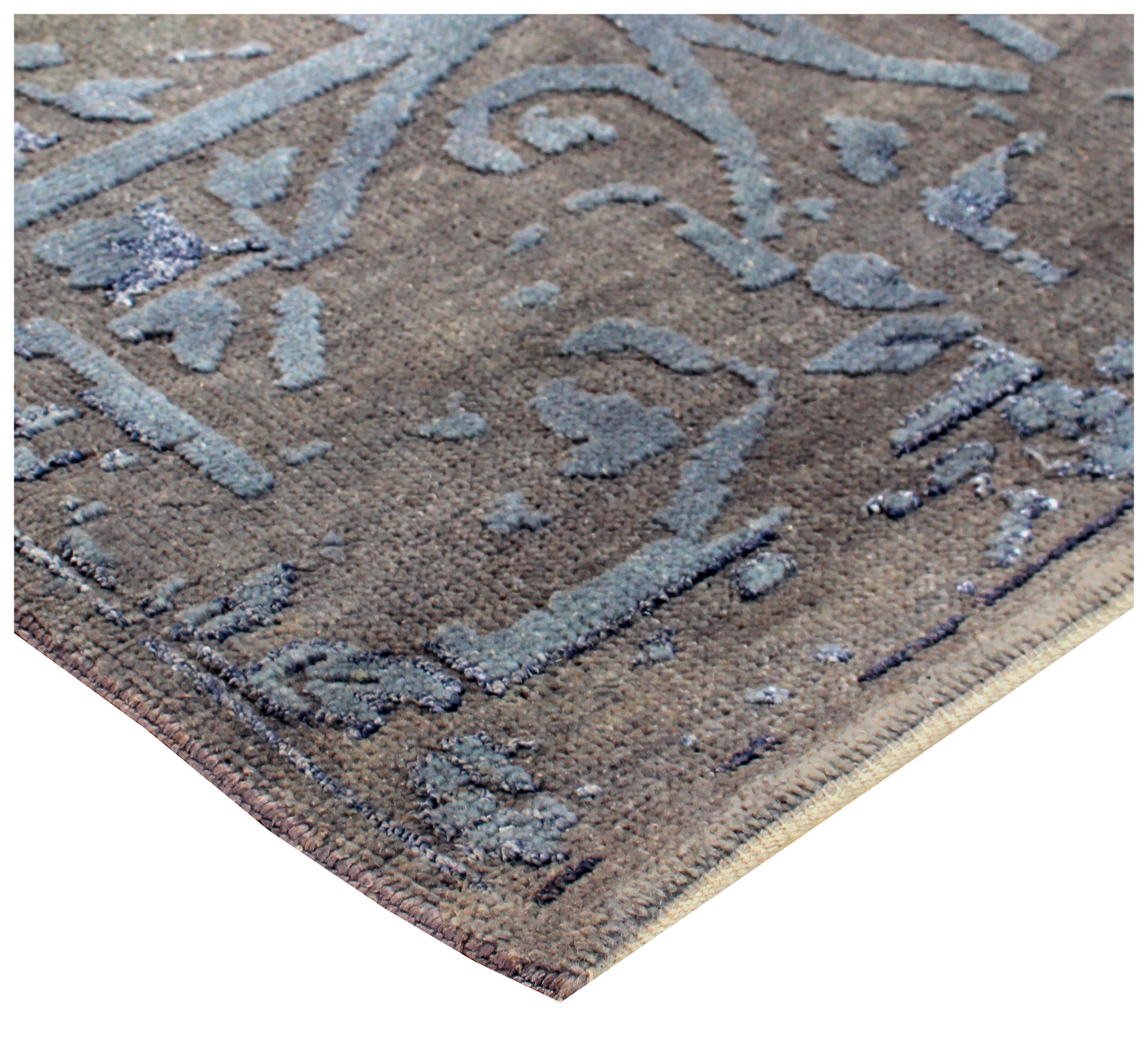 Geometric Tile Distressed 8x9.6 Wool Viscose Area Rug - Grey Blue Silver Vintage Antique Hand Knotted