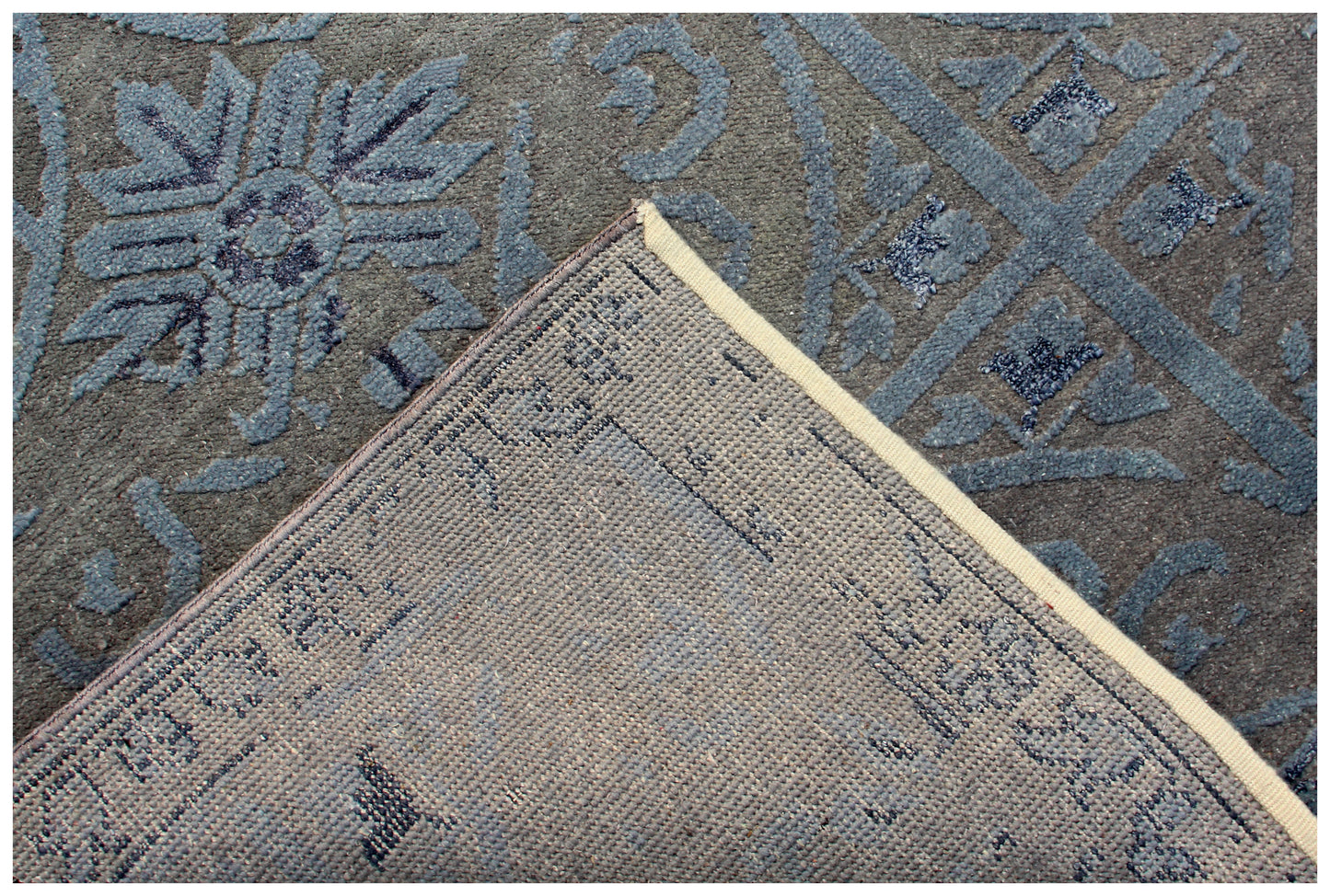 Geometric Tile Distressed 8x9.6 Wool Viscose Area Rug - Grey Blue Silver Vintage Antique Hand Knotted