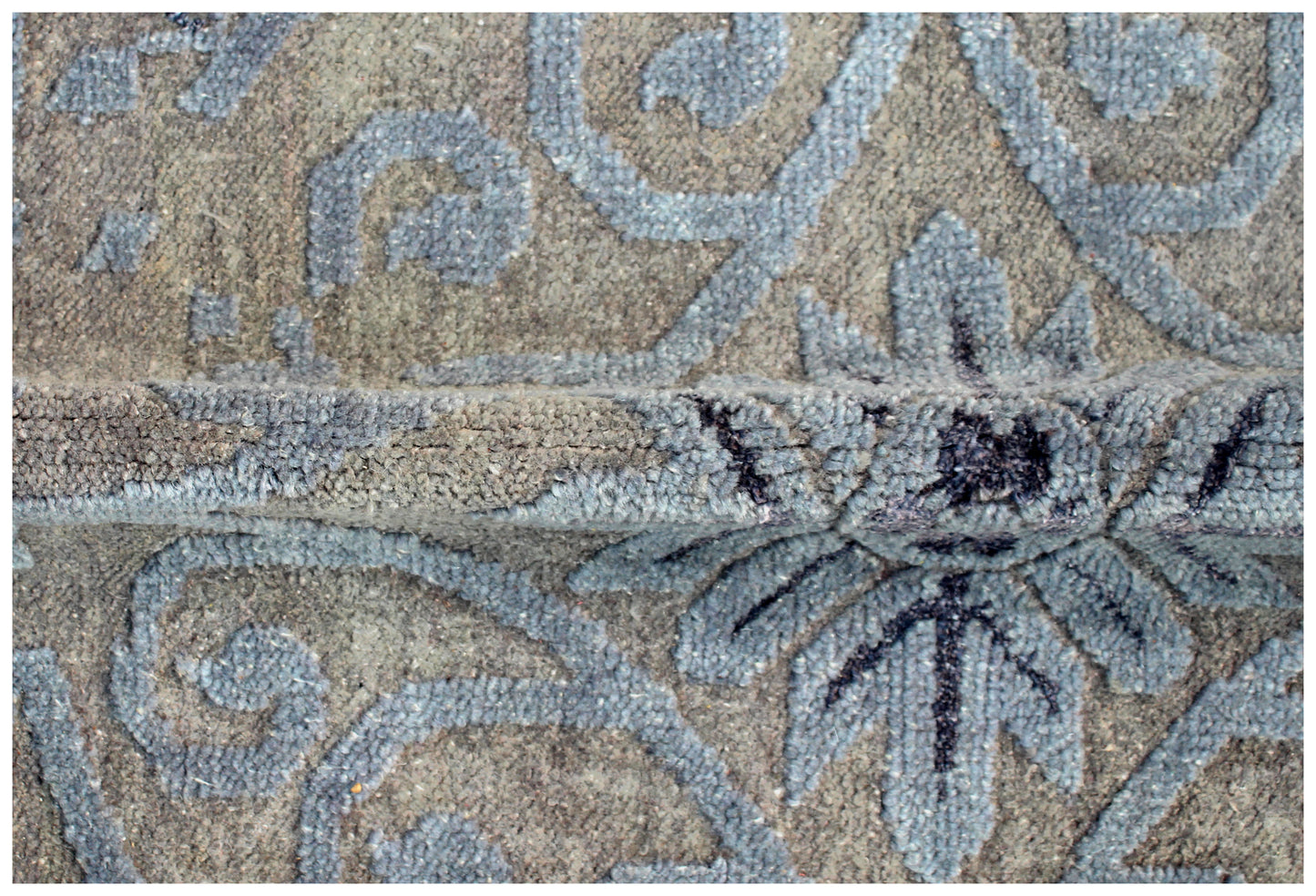 Geometric Tile Distressed 8x9.6 Wool Viscose Area Rug - Grey Blue Silver Vintage Antique Hand Knotted