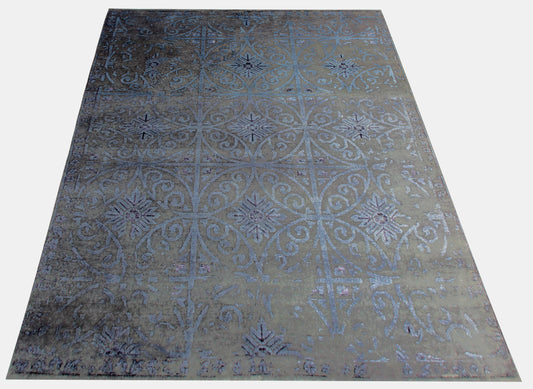 Geometric Tile Distressed 8x9.6 Wool Viscose Area Rug - Grey Blue Silver Vintage Antique Hand Knotted