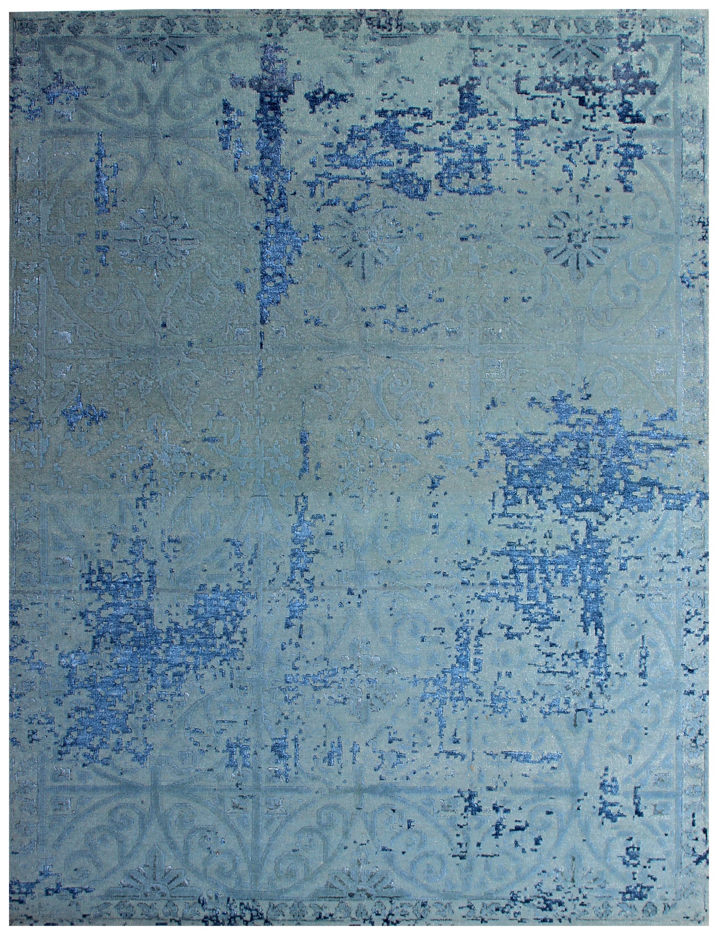 8x10 Light Blue Grey Navy Hand Knotted Wool Viscose Area Rug - Vintage Antique Abstract Distressed
