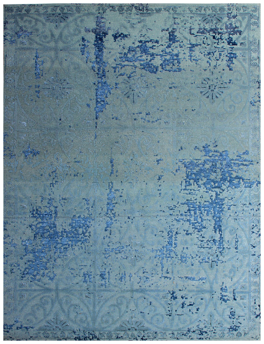 8x10 Light Blue Grey Navy Hand Knotted Wool Viscose Area Rug - Vintage Antique Abstract Distressed