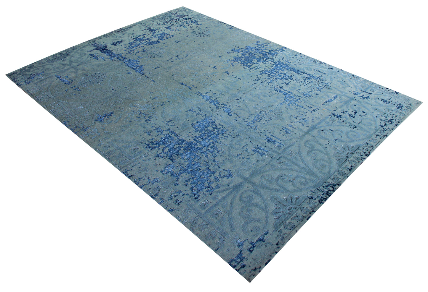 8x10 Light Blue Grey Navy Hand Knotted Wool Viscose Area Rug - Vintage Antique Abstract Distressed