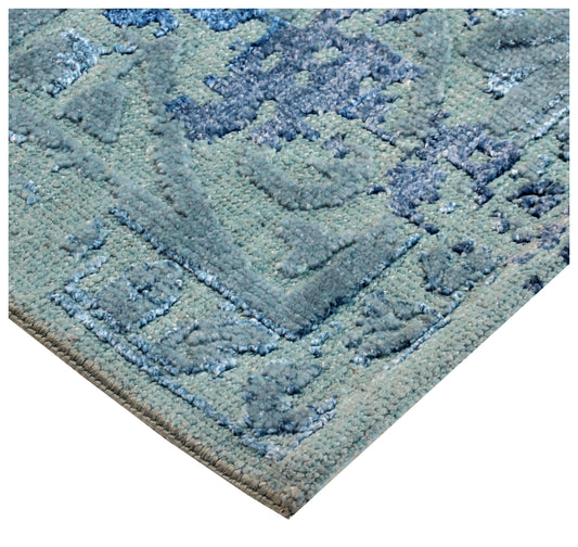 8x10 Light Blue Grey Navy Hand Knotted Wool Viscose Area Rug - Vintage Antique Abstract Distressed