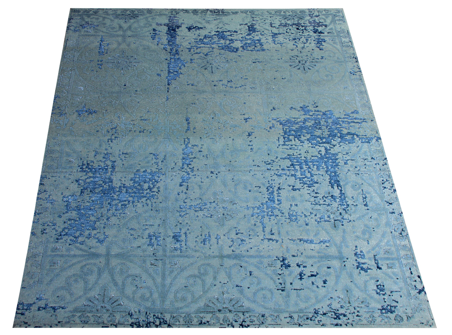 8x10 Light Blue Grey Navy Hand Knotted Wool Viscose Area Rug - Vintage Antique Abstract Distressed
