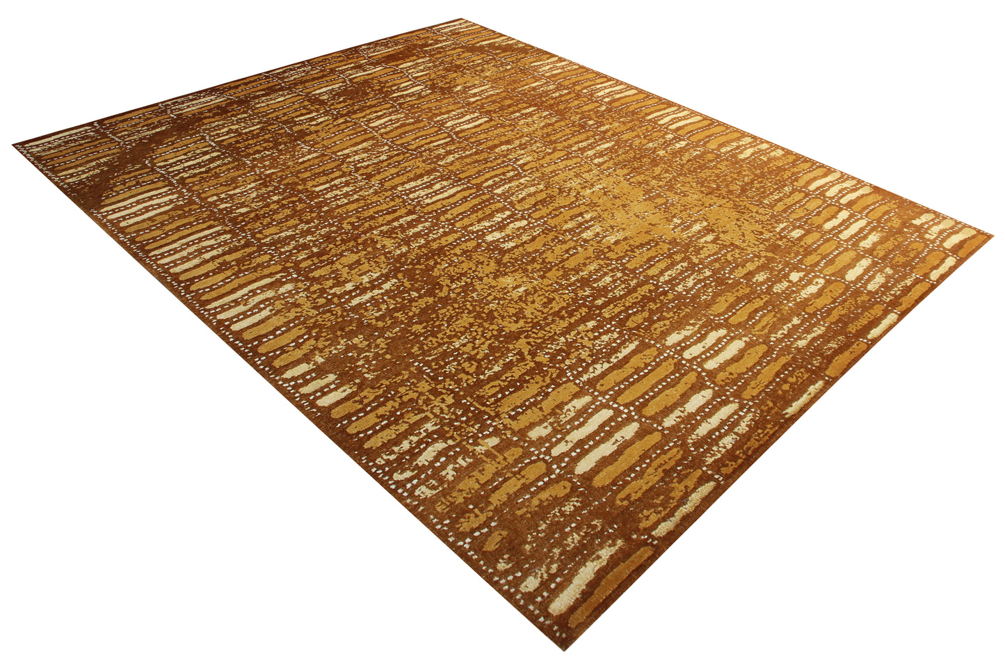 Gold Brown Beige Vintage Antique 8x10 Wool Viscose Area Rug - Hand Knotted Striped Abstract Distressed